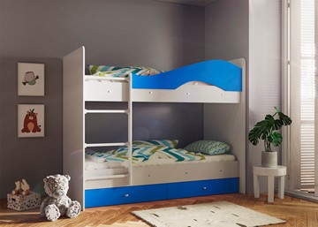 Детская двухэтажная кровать Мая с 2 ящиками на щитах, корпус Млечный дуб, фасад Синий в Ангарске
