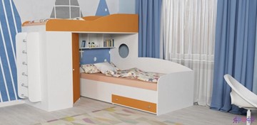 Детская кровать-чердак Кадет-2 с металлической лестницей, корпус Белое дерево, фасад Оранжевый в Ангарске
