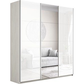 Шкаф трехдверный Широкий Прайм (2 Стекла Белых / Зеркало) 2400x570x2300, Ясень Анкор светлый в Ангарске