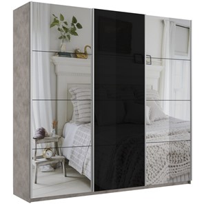 Шкаф 3-х дверный Широкий Прайм (2 Зеркала / Стекло черное) 2400x570x2300, Бетон в Ангарске