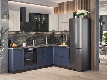 Модульный кухонный гарнитур угловой 2400 Индиго, Черный/Дуб мадейра топаз/Темно-синий в Ангарске