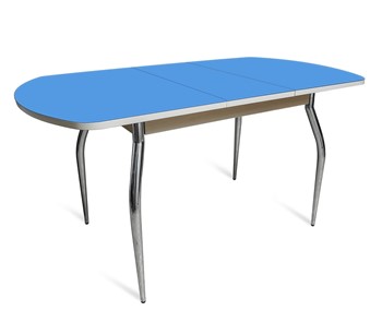 Кухонный раздвижной стол ПГ-07 СТ2, дуб молочный/синие стекло/35 хром гнутые металл в Ангарске