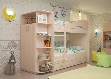 Детская двухэтажная кровать Мая на щитах со шкафом и ящиками, цвет Млечный дуб в Братске - предосмотр