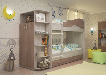 Двухъярусная кровать Мая на щитах со шкафом и ящиками, корпус Шимо светлый, фасад Шимо темный в Иркутске