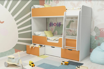 Двухъярусная детская кровать Малыш двойняшка 70х160, корпус Белое дерево, фасад Оранжевый в Братске
