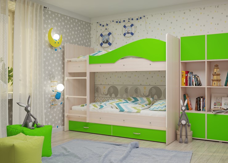 Двухэтажная кровать Мая на щитах со шкафом и ящиками, корпус Млечный дуб, фасад Салатовый в Ангарске - изображение 1