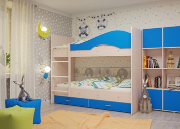 Детская 2-ярусная кровать Мая на щитах со шкафом и ящиками, корпус Млечный дуб, фасад Синий в Ангарске - предосмотр 2