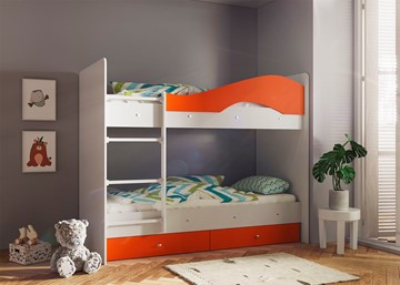 Двухэтажная детская кровать Мая с 2 ящиками на щитах, корпус Млечный дуб, фасад Оранжевый в Братске - предосмотр