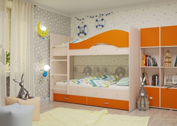 Двухэтажная детская кровать Мая с 2 ящиками на щитах, корпус Млечный дуб, фасад Оранжевый в Братске - предосмотр 3