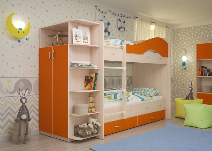Двухэтажная детская кровать Мая с 2 ящиками на щитах, корпус Млечный дуб, фасад Оранжевый в Ангарске - изображение 1