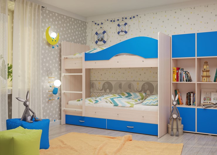 Детская двухэтажная кровать Мая с 2 ящиками на щитах, корпус Млечный дуб, фасад Синий в Ангарске - изображение 3
