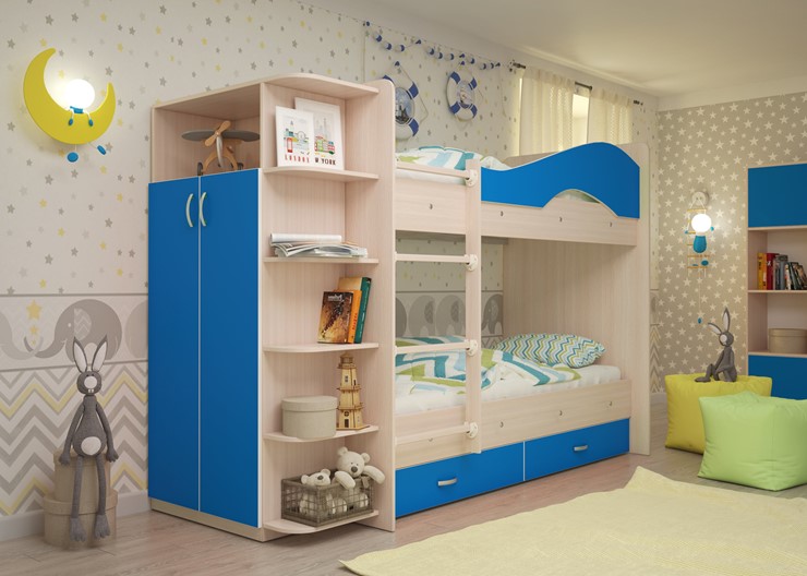 Детская двухэтажная кровать Мая с 2 ящиками на щитах, корпус Млечный дуб, фасад Синий в Ангарске - изображение 1