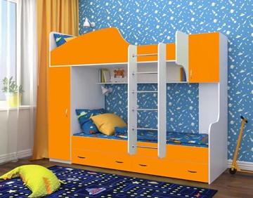 Двухэтажная детская кровать Юниор-2, каркас Белое дерево, фасад Оранжевый в Ангарске