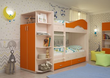 Кровать 2-ярусная Мая на щитах со шкафом и ящиками, корпус Млечный дуб, фасад Оранжевый в Ангарске