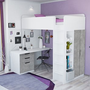 Кровать детская с письменным столом и шкафом POLINI Kids Simple Белый / Бетон в Ангарске - предосмотр 1