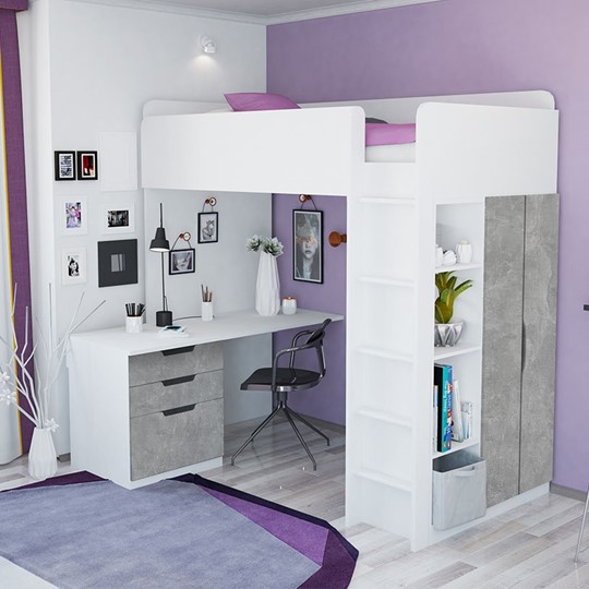 Кровать детская с письменным столом и шкафом POLINI Kids Simple Белый / Бетон в Братске - изображение 1