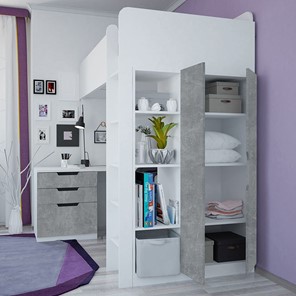 Кровать детская с письменным столом и шкафом POLINI Kids Simple Белый / Бетон в Братске - предосмотр 2