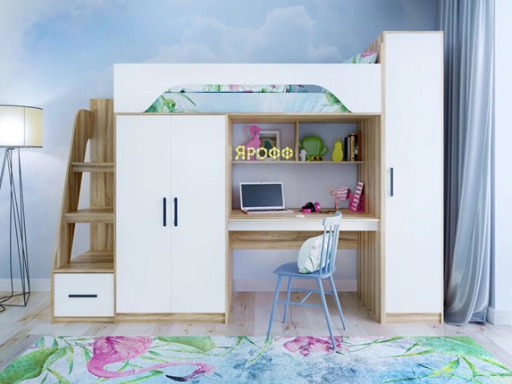 Кровать-чердак детская с шкафом Тея, каркас Ясень, фасад Белый в Братске - изображение