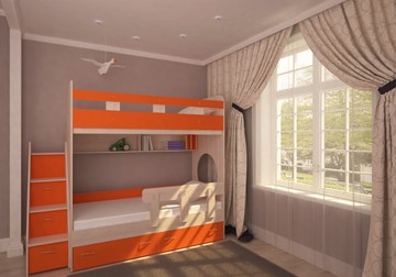 Детская двухэтажная кровать Юниор-1 с бортом, каркас Дуб, фасад Оранжевый в Братске