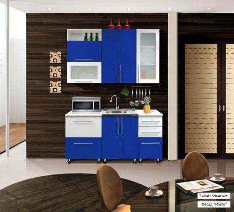 Гарнитур на кухню Мыло 224 1600х718, цвет Синий/Белый металлик в Ангарске - изображение