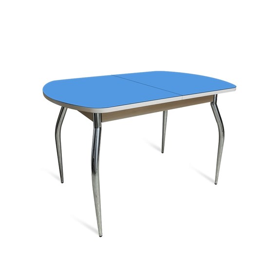 Кухонный стол раздвижной ПГ-01 СТ2, дуб молочный/синие стекло/35 хром гнутые металл в Ангарске - изображение 1