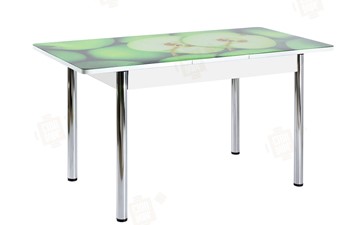 Кухонный стол раздвижной Айсберг-01 СТФ, белый/фотопечать зеленые яблоки/ноги хром круглые в Ангарске - предосмотр
