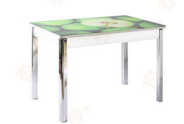 Обеденный раздвижной стол Айсберг-01 СТФ, белый/фотопечать зеленые яблоки/ноги хром квадратные в Братске