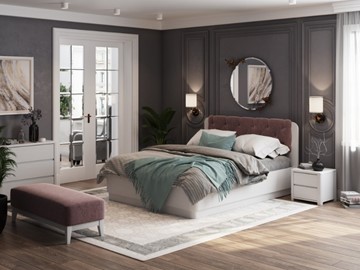 Двуспальная кровать с механизмом Wood Home 1 160х200, Белая эмаль (сосна) с брашированием/Бентлей Нежно-лиловый в Ангарске