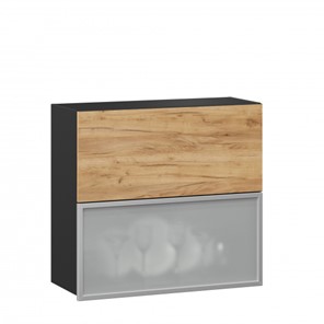 Навесной кухонный шкаф 800 горизонтальный, Шервуд, ЛД 281.981.000.049, со стеклом, черный/дуб золотой в Ангарске