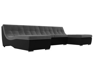 Большой П-образный диван Монреаль, Серый\Черный (Велюр\Экокожа) в Ангарске