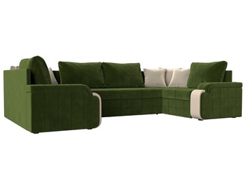 Большой П-образный диван Николь, Зеленый/Бежевый/Бежевый (микровельвет/экокожа) в Ангарске